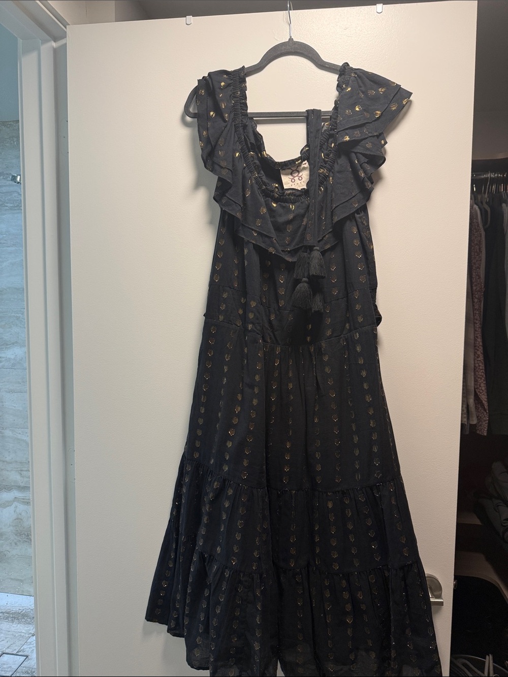Black Maxi Dress with Gold Foil Detail and Ruffle Neckline